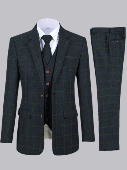 Vintage Plaid Checkered Notch Lapel Single Breasted Men's 3 Pieces Formal Suit For Business